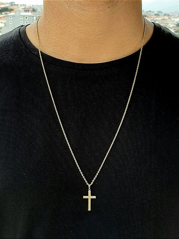 Corrente Elo Cadeado 2mm Fecho Tradicional + Pingente Cruz Detalhe Pontinhos Banhada A Ouro 18k COR011-PI
