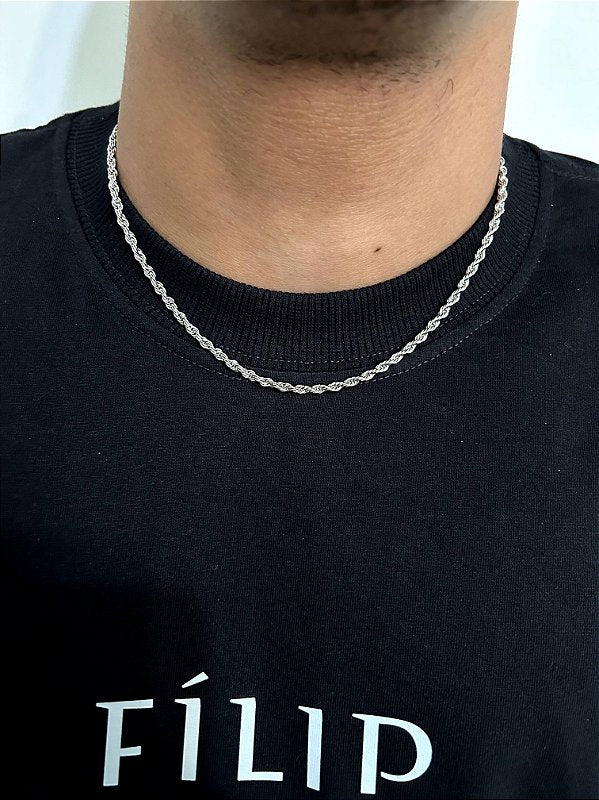 Corrente Cordão Baiano 3mm Fecho Tradicional Banhada a Ouro Branco COR067