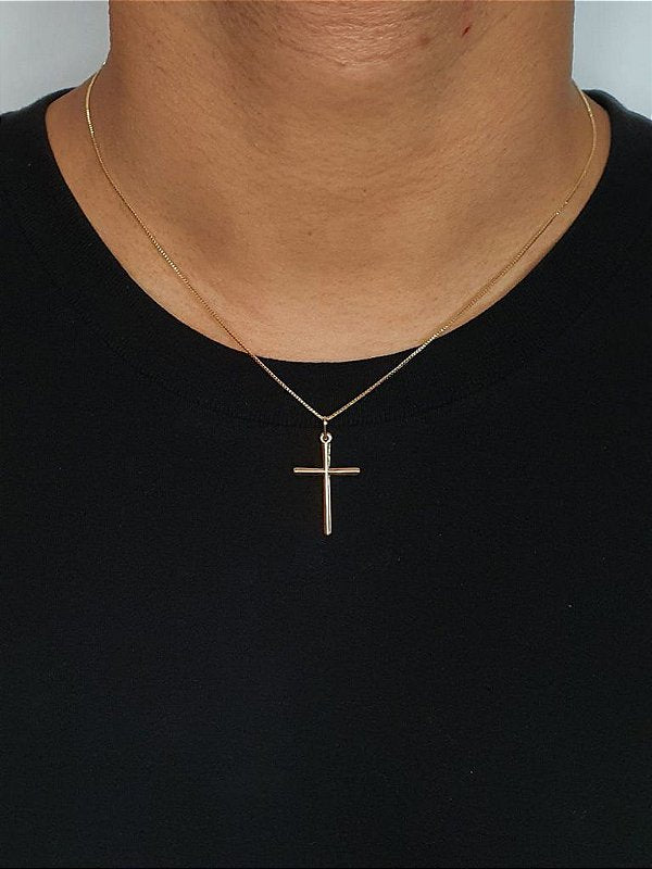 Corrente Veneziana 1mm Fecho Tradicional + Pingente Cruz Palito Lisa Banhado A Ouro 18K COR009-PIN012