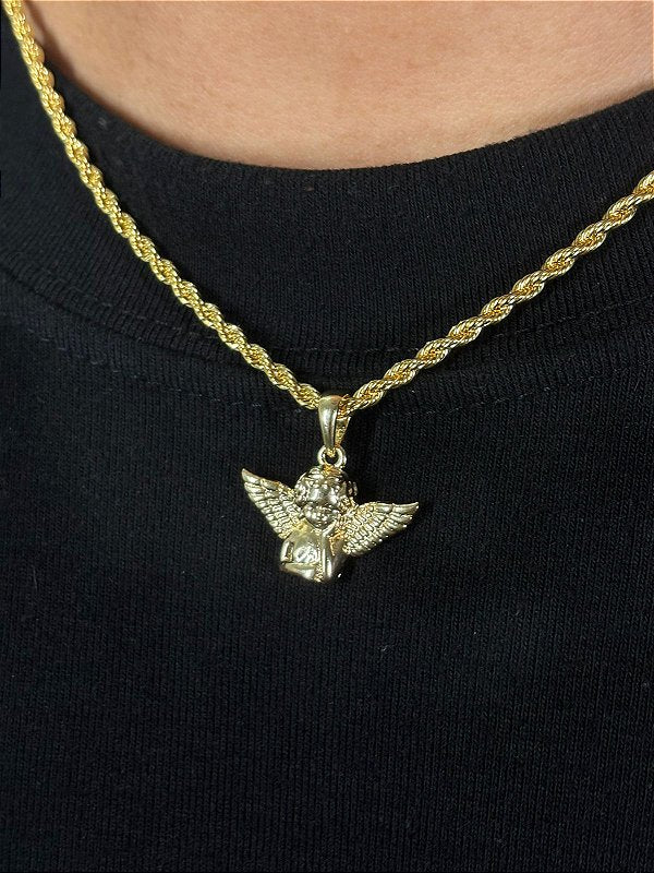 Corrente Cordão Baiano 3mm + Pingente Anjo Banhado A Ouro 18k COR061-PIN141