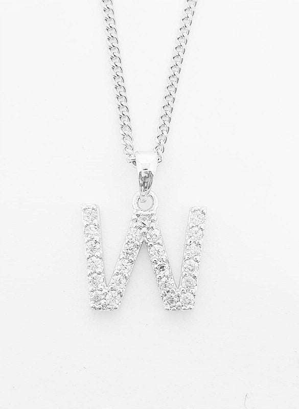 Pingente Cravejado Letra W Banhado A Ouro Branco PIN035