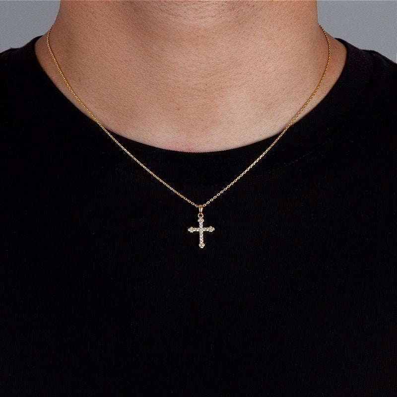 Corrente Elo Cadeado 1,2mm + Pingente Cruz Cravejada Palito Banhado A Ouro 18k COR026-PIN003