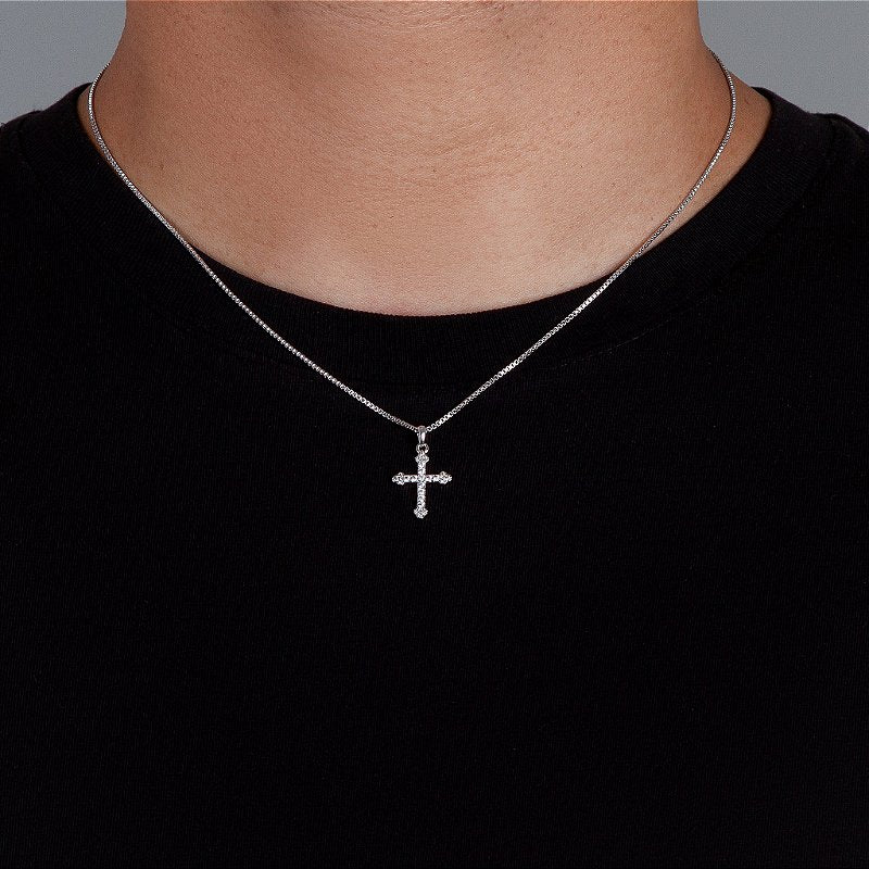 Corrente Veneziana 1mm + Pingente Cruz Cravejada Palito Banhado A Ouro Branco COR002-PIN001