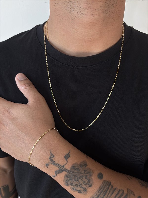 Kit Corrente Elo Alongado + Pulseira Elo Alongado 2mm Banhado A Ouro 18K
