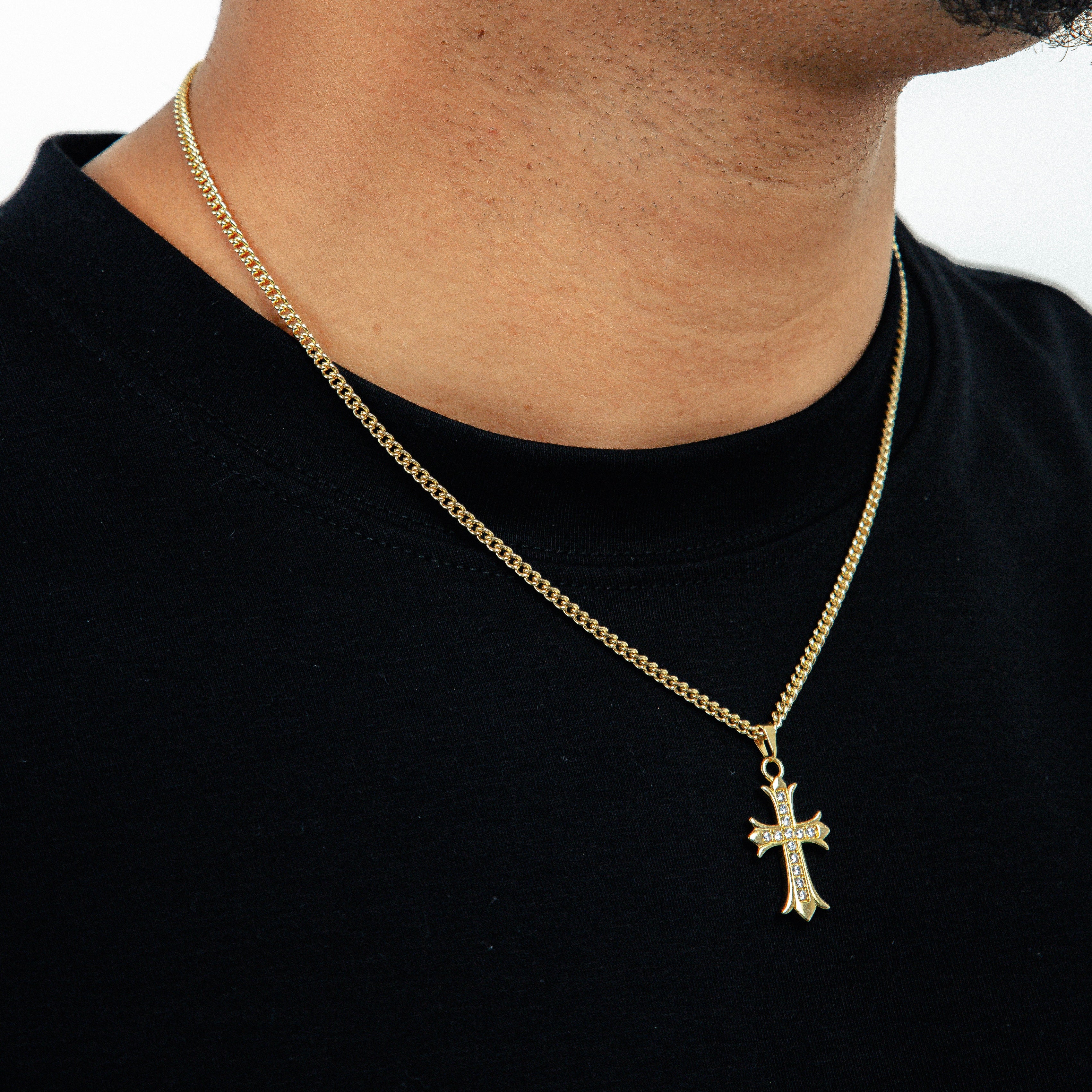 Corrente Grumet 50cm 3mm + Pingente Cruz Cravejada Detalhada (17,5X30mm) Banhado A Ouro 18k COR102-PIN156