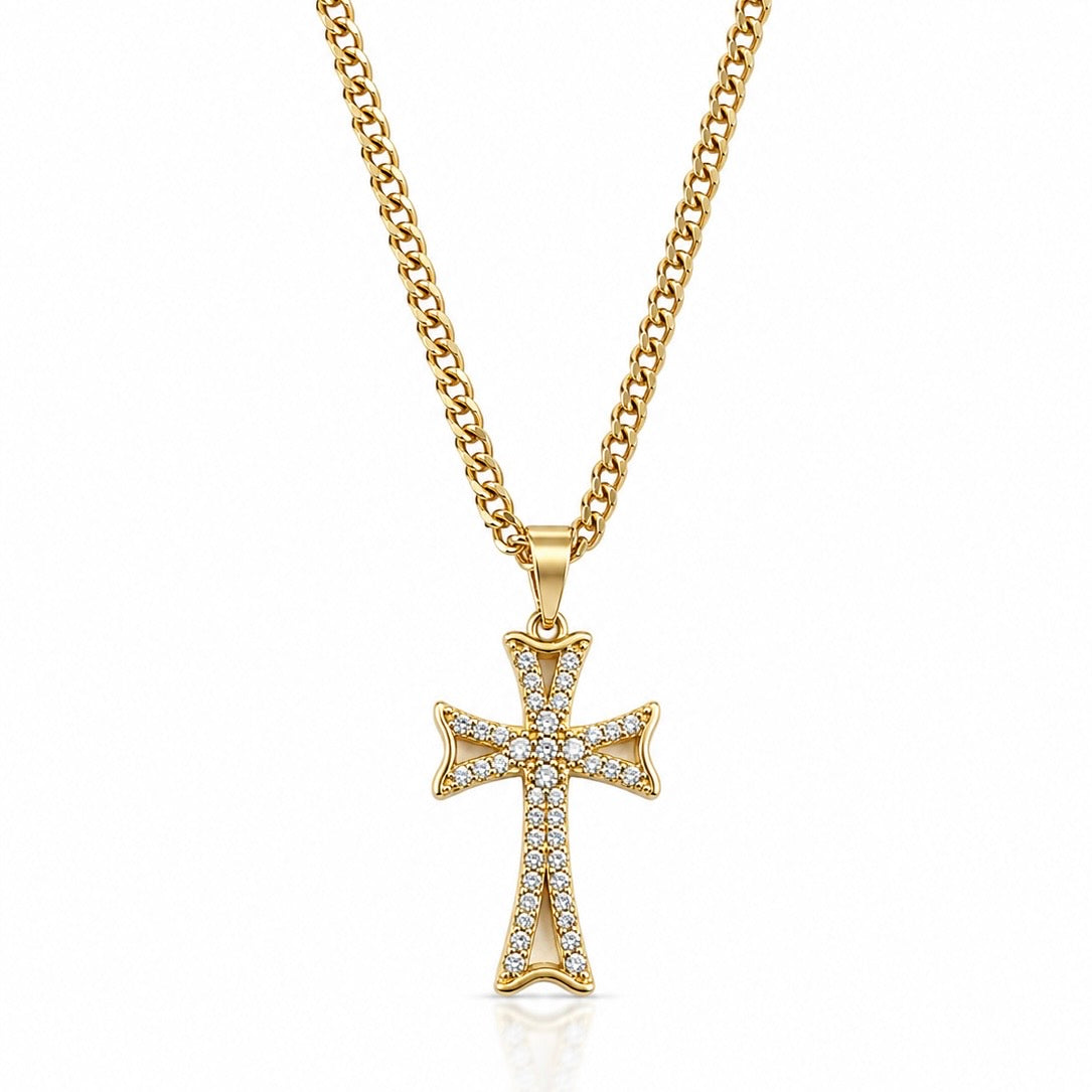 Corrente Grumet 50cm 3mm + Pingente Cruz Cravejada Vazada (15X21mm) Banhado A Ouro 18k COR102-PIN162