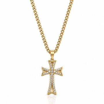 Corrente Grumet 50cm 3mm + Pingente Cruz Cravejada Vazada (15X21mm) Banhado A Ouro 18k COR102-PIN162