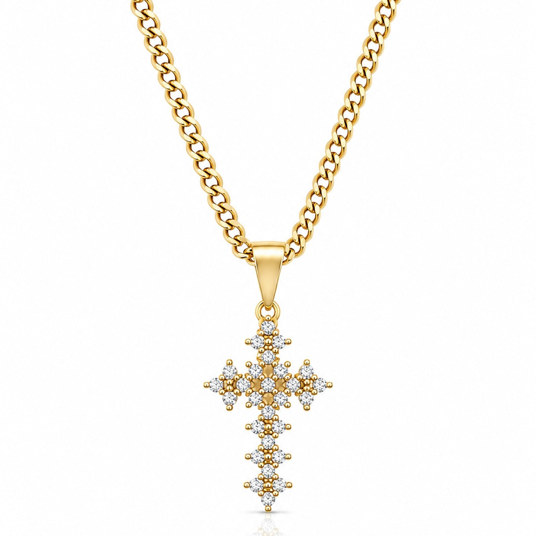 Corrente Grumet 50cm 3mm + Pingente Cruz Cravejada Vazada Detalhada (14X21mm) Banhado a Ouro 18k COR102-PIN164
