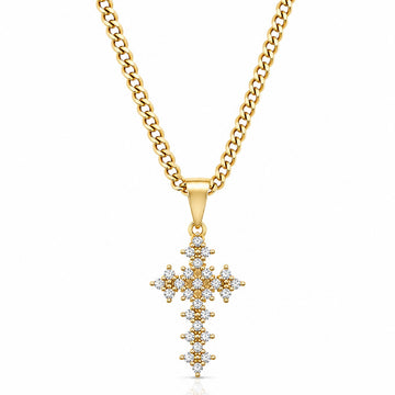 Corrente Grumet 50cm 3mm + Pingente Cruz Cravejada Vazada Detalhada (14X21mm) Banhado a Ouro 18k COR102-PIN164