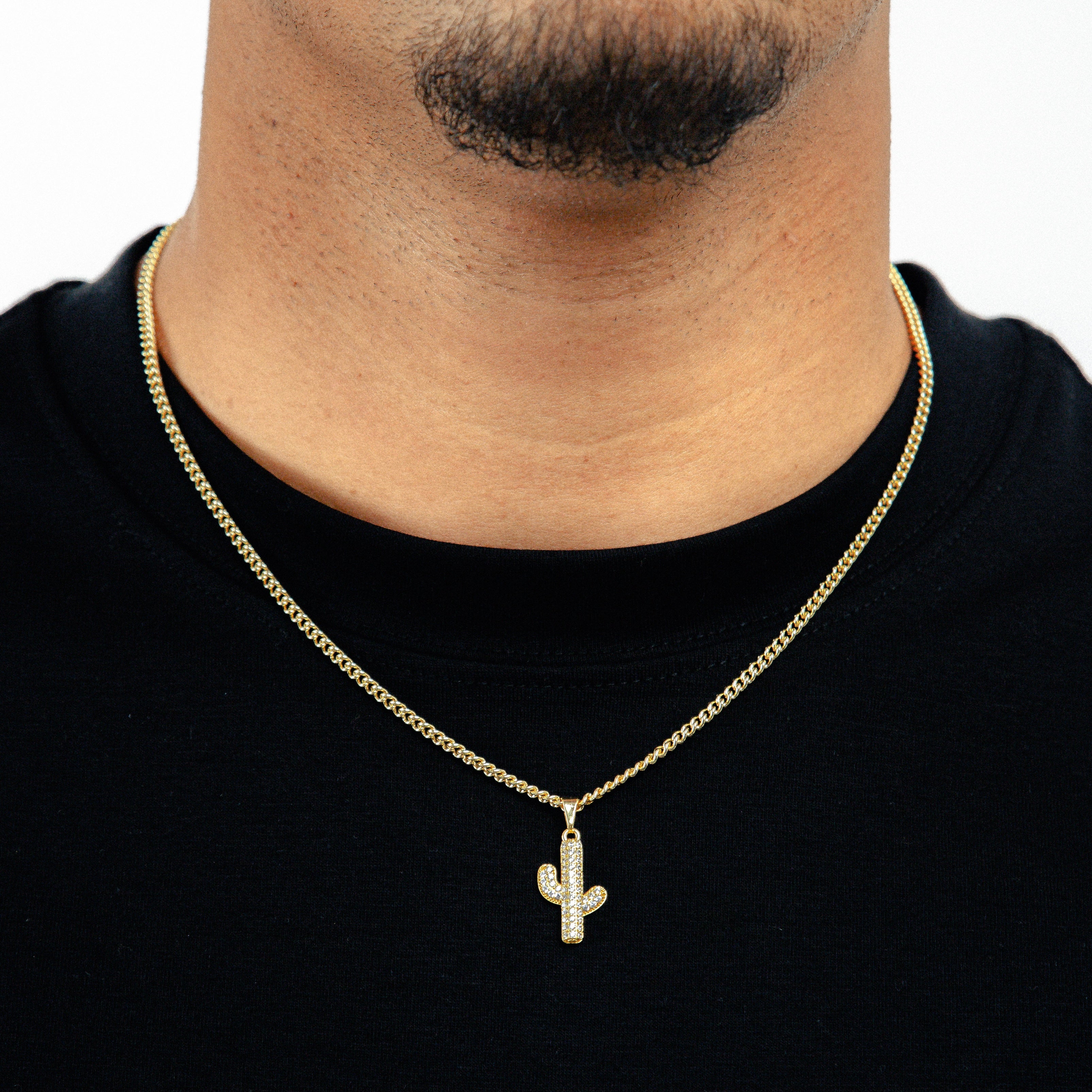 Corrente Grumet 50cm 3mm + Pingente Cactus Cravejado (13X20mm) Banhado a Ouro 18k COR102-PIN170