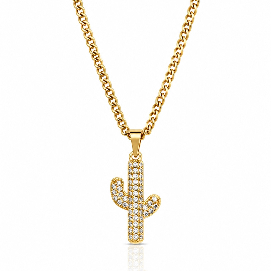 Corrente Grumet 50cm 3mm + Pingente Cactus Cravejado (13X20mm) Banhado a Ouro 18k COR102-PIN170
