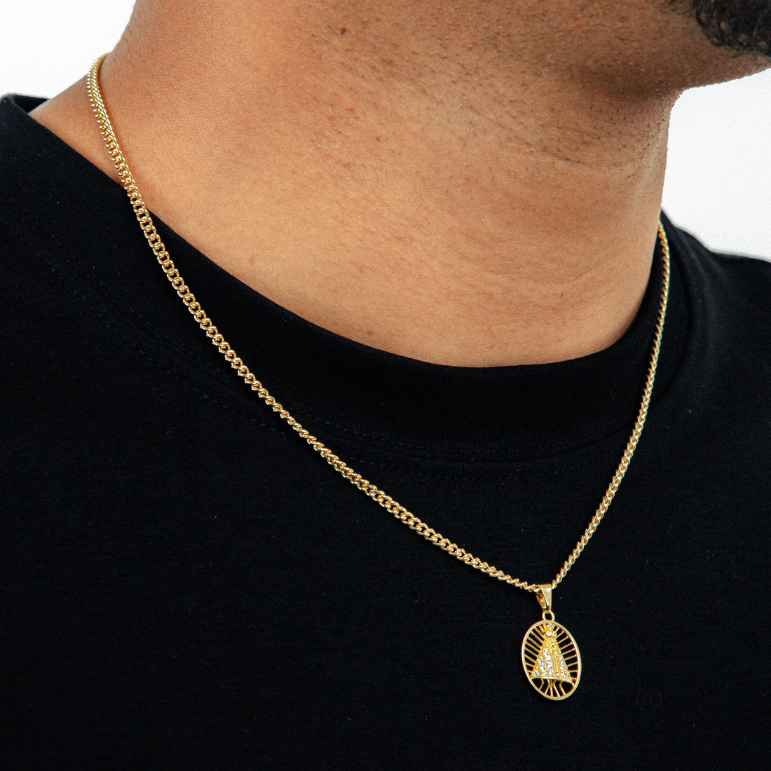 Corrente Grumet 50cm 3mm + Pingente Nossa Senhora Cravejado (16X20mm) Banhado a Ouro 18k COR102-PIN174