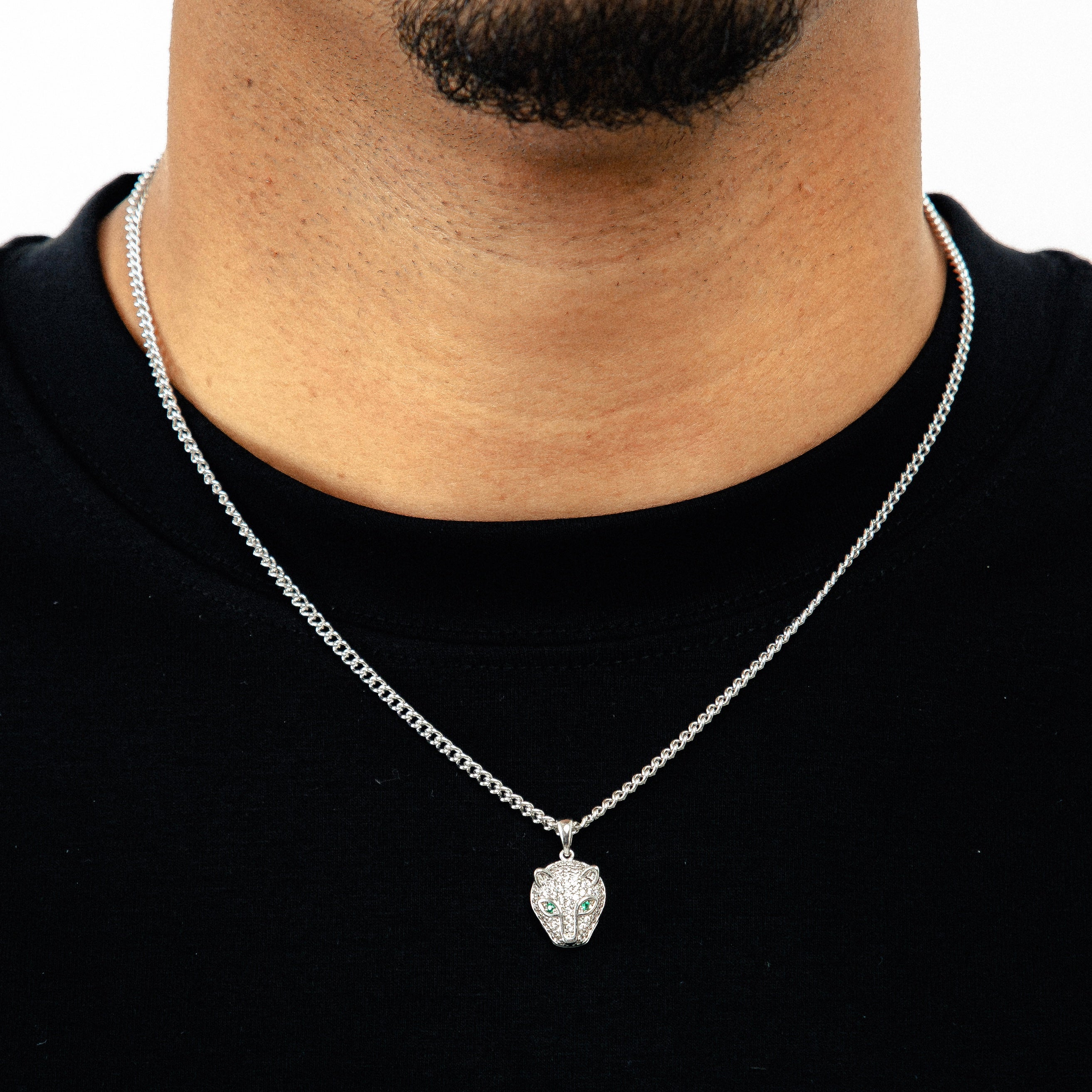Corrente Grumet 50cm 3mm + Pingente Tigre Olho Verde Banhado A Ouro Branco COR003-PIN004