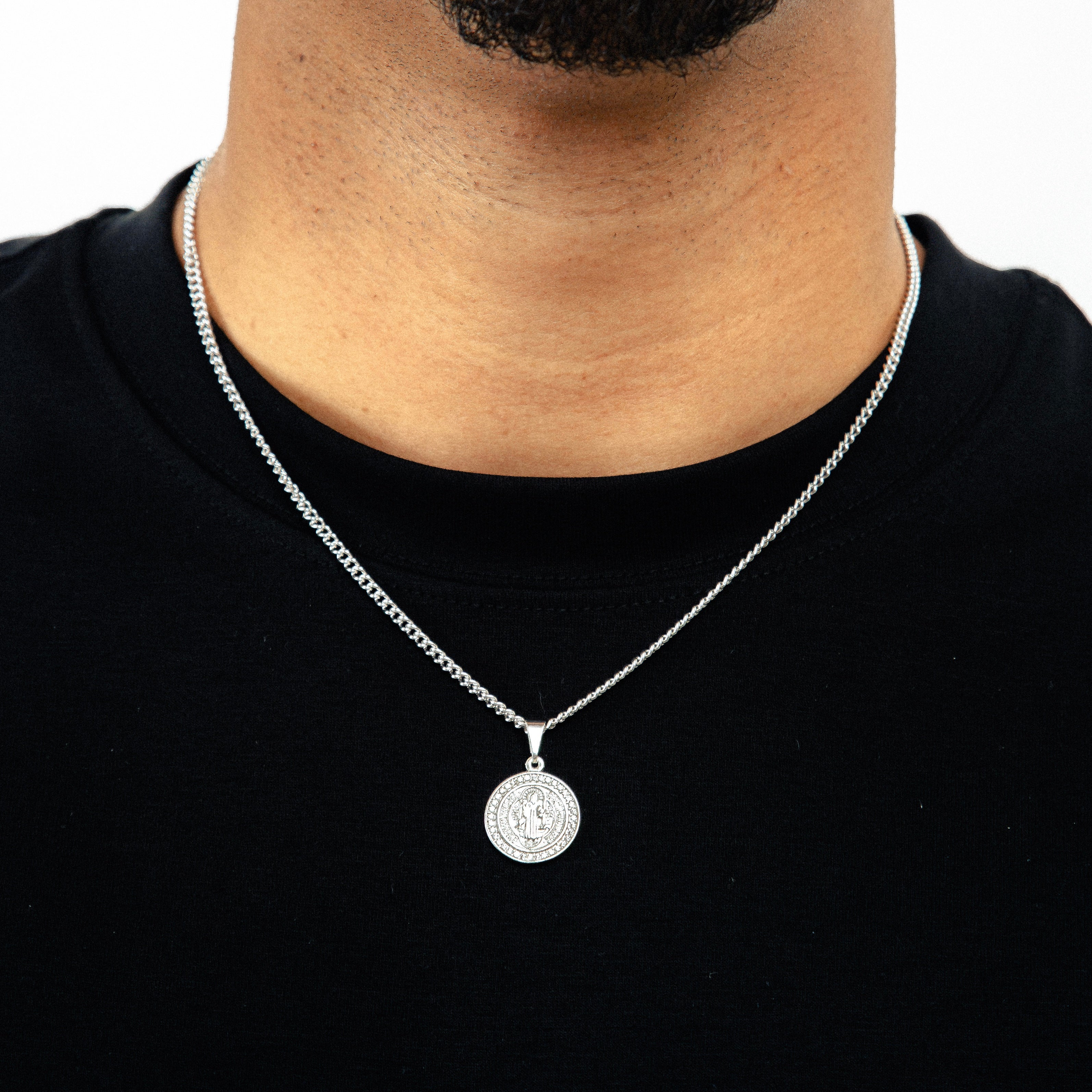 Corrente Grumet 50cm 3mm + Pingente São Bento Cravejado Banhado A Ouro Branco COR103-PIN021
