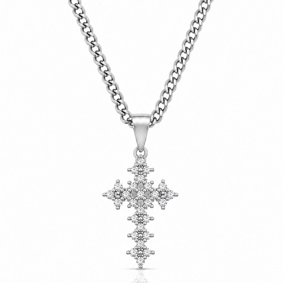 Corrente Grumet 50cm 3mm + Pingente Cruz Cravejada Vazada Detalhada (14X21mm) Banhado a Ouro Branco COR103-PIN165