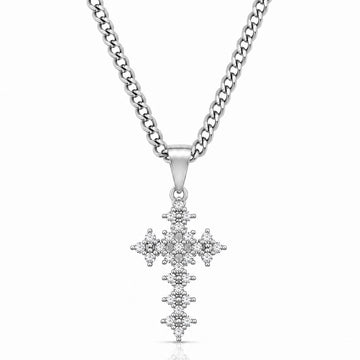 Corrente Grumet 50cm 3mm + Pingente Cruz Cravejada Vazada Detalhada (14X21mm) Banhado a Ouro Branco COR103-PIN165
