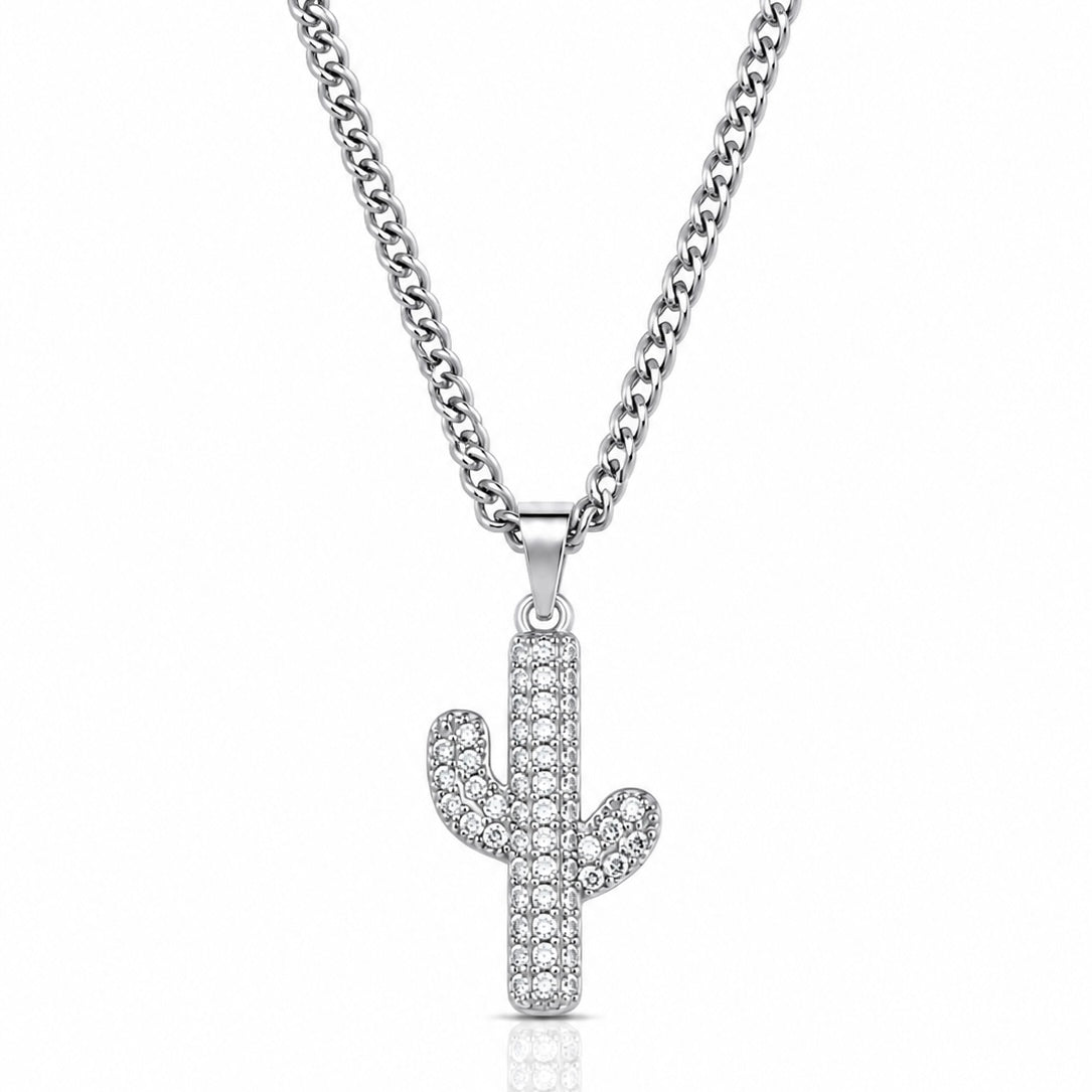 Corrente Grumet 50cm 3mm + Pingente Cactus Cravejado (13X20mm) Banhado a Ouro Branco COR103-PIN171