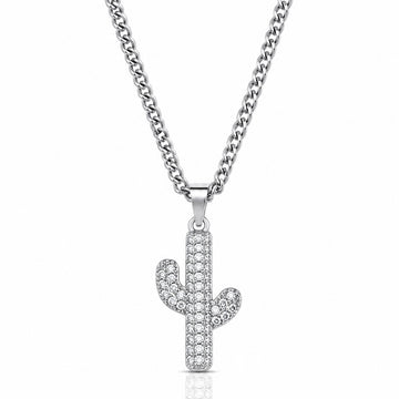 Corrente Grumet 50cm 3mm + Pingente Cactus Cravejado (13X20mm) Banhado a Ouro Branco COR103-PIN171