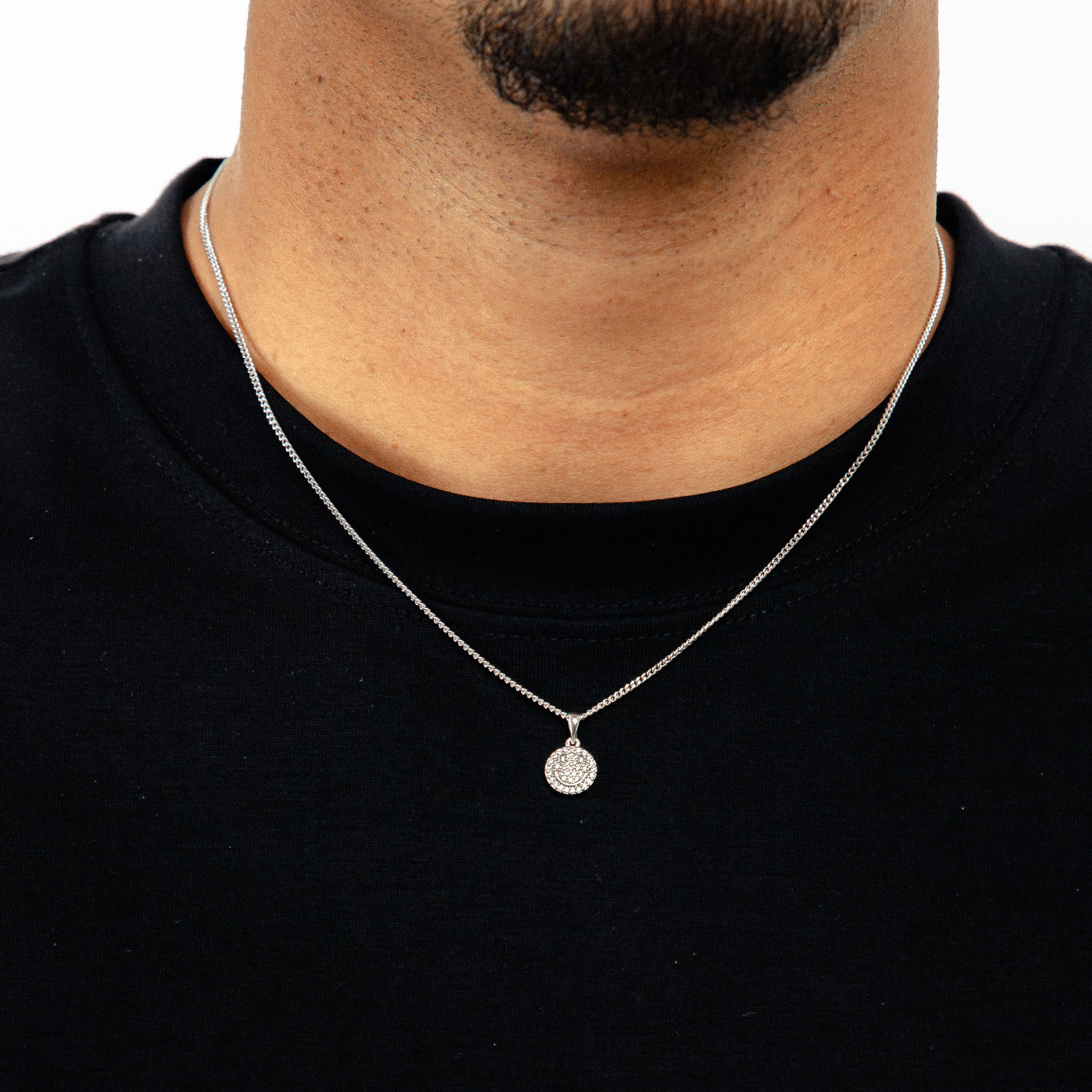 Corrente Grumet 1,4mm + Pingente Smile Redondo Cravejado Banhado A Ouro Branco COR005-PIN002