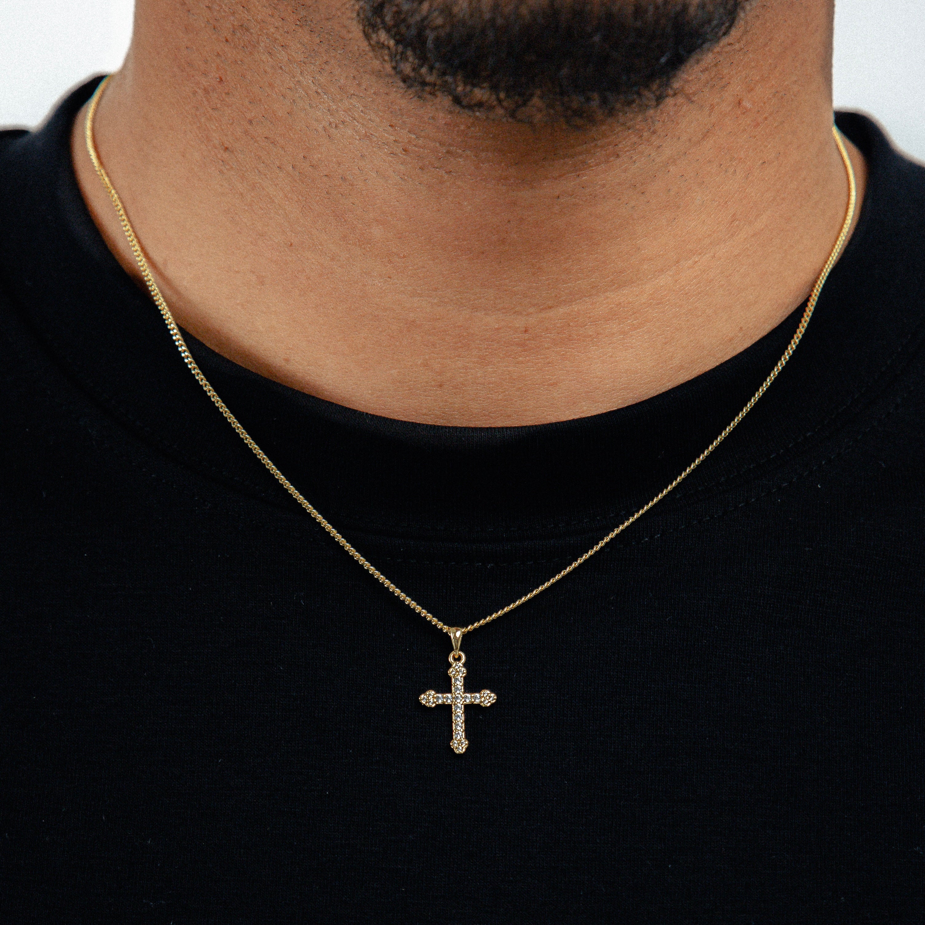 Corrente Grumet 1,4mm + Pingente Cruz Cravejada Palito Banhado A Ouro 18k COR014-PIN003