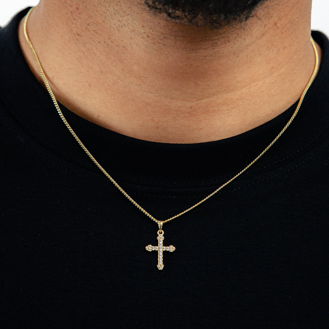 Corrente Grumet 1,4mm + Pingente Cruz Cravejada Palito Banhado A Ouro 18k COR014-PIN003