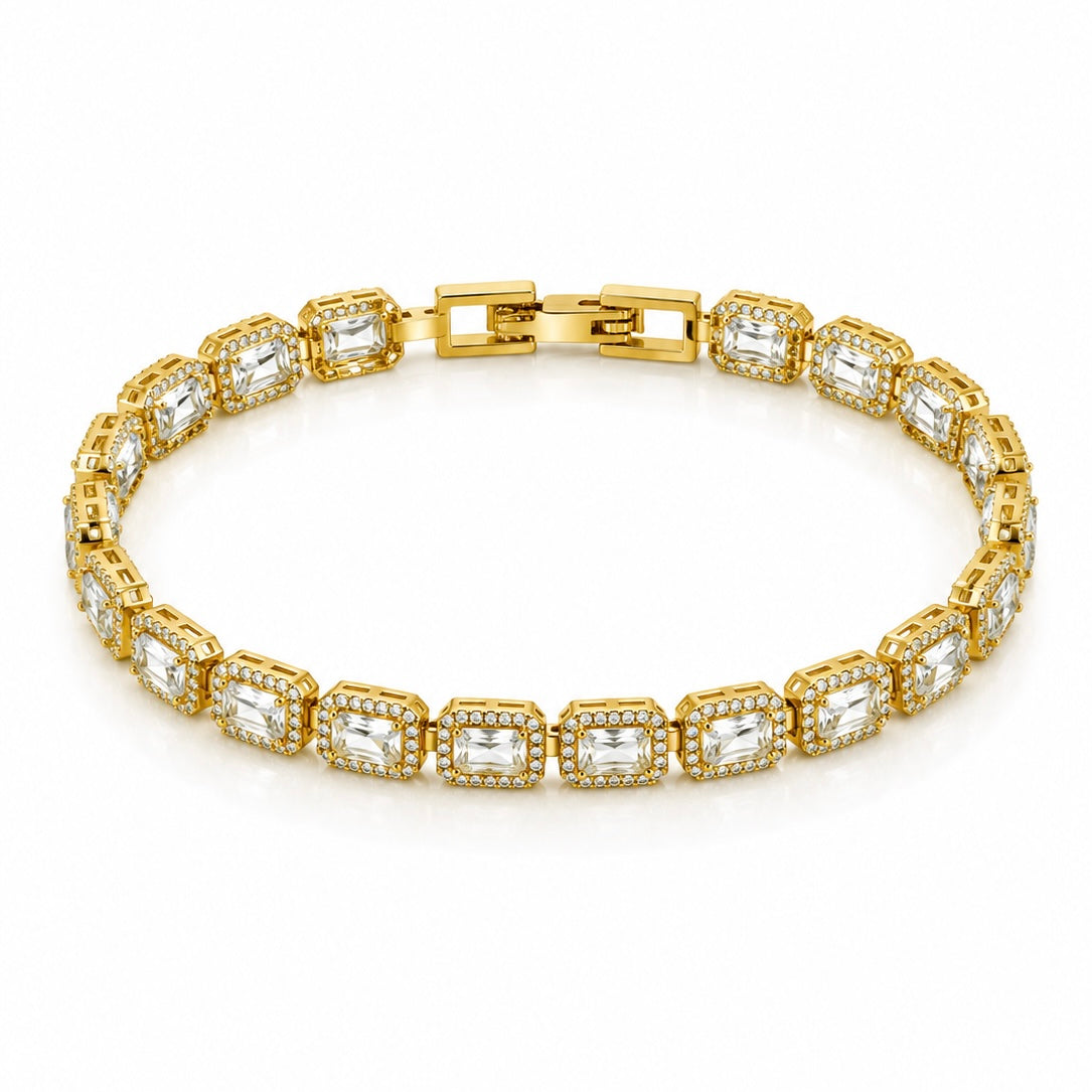 Pulseira Riviera Retangular Cravejada 6mm Banhada a Ouro 18k PUL066