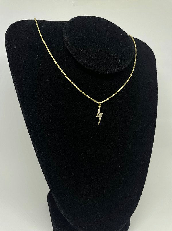 Corrente Cordão Baiano 1,6mm + Pingente Raio Cravejado Banhado A Ouro 18k COR003-PIN078