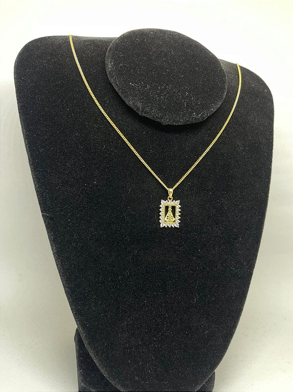 Corrente Grumet 1,4m + Pingente Nossa Senhora Cravejado Quadrado Banhado A Ouro 18k COR014-PIN089