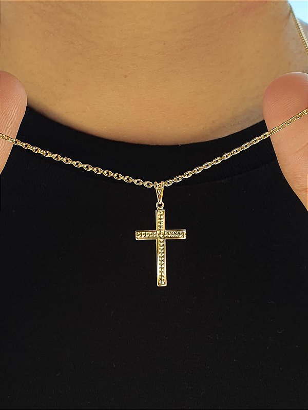 Corrente Elo Cadeado 2mm Fecho Tradicional + Pingente Cruz Detalhe Pontinhos Banhada A Ouro18k COR008-P