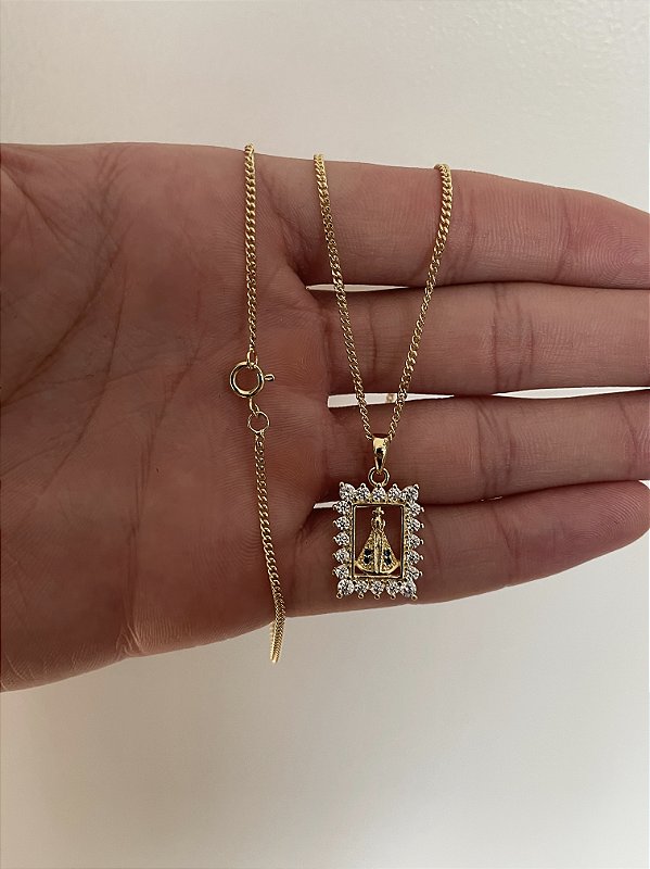 Corrente Grumet 1,4m + Pingente Nossa Senhora Cravejado Quadrado Banhado A Ouro 18k COR014-PIN089
