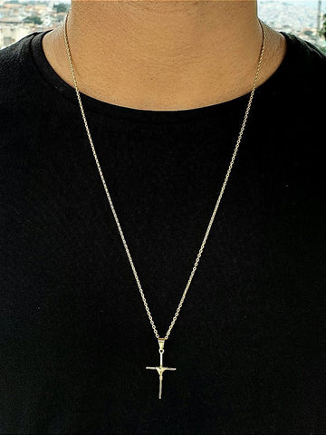 Corrente Elo Cadeado 2mm Fecho Tradicional + Pingente Cruz Palito Trançada Banhada A Ouro 18k COR011-PIN0