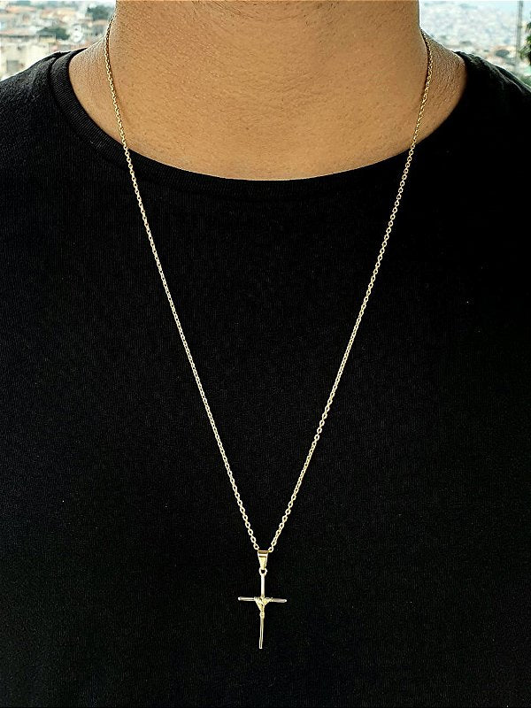 Corrente Elo Cadeado 2mm Fecho Tradicional + Pingente Cruz Palito Trançada Banhada A Ouro 18k COR011-PIN0