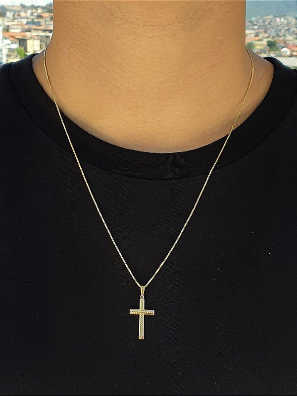 Corrente Veneziana 1,2mm Fecho Tradicional + Pingente Cruz Detalhe Pontinhos Banhada A Ouro 18k COR006-PI
