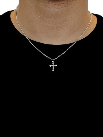 Corrente Cordão Baiano 1,6mm + Pingente Cruz Cravejada Palito Banhado A Ouro Branco COR001-PIN001