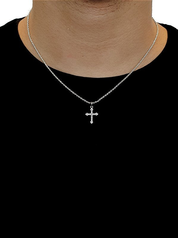 Corrente Cordão Baiano 1,6mm + Pingente Cruz Cravejada Palito Banhado A Ouro Branco COR001-PIN001