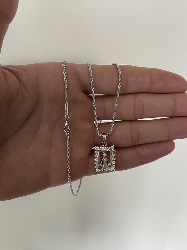Corrente Cordão Baiano 1,6mm + Pingente Nossa Senhora Cravejado Quadrado Banhado A Ouro Branco COR001-PIN