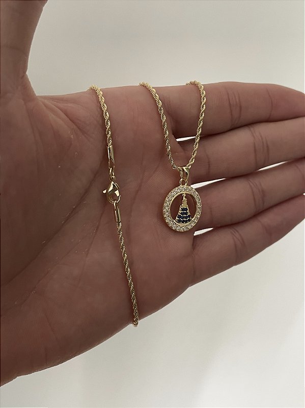 Corrente Cordão Baiano 1,6mm + Pingente Nossa Senhora Cravejado Redondo Banhado A Ouro 18k COR003-PIN091