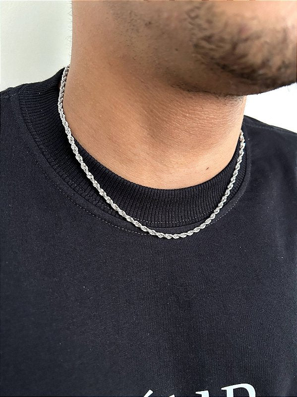 Corrente Cordão Baiano 3mm Fecho Tradicional Banhada a Ouro Branco COR067