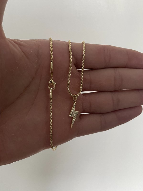 Corrente Cordão Baiano 1,6mm + Pingente Raio Cravejado Banhado A Ouro 18k COR003-PIN078