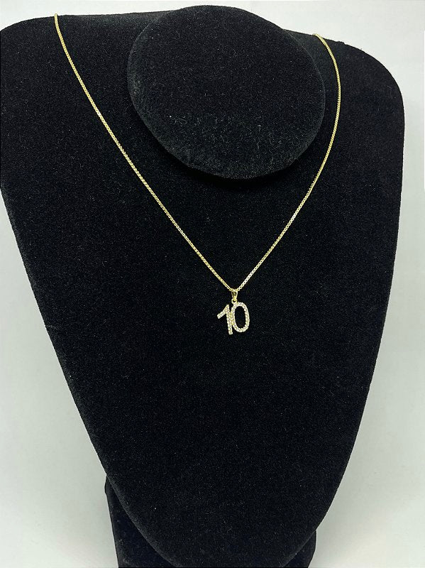 Corrente Veneziana 1mm Fecho Tradicional + Pingente Número 10 Cravejado Banhado A Ouro 18k COR009-PIN083