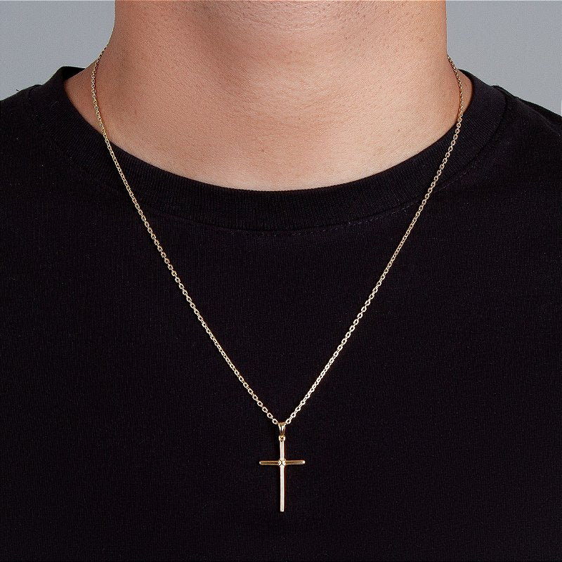 Corrente Elo Cadeado 2mm Fecho Tradicional + Pingente Cruz Palito com Detalhe Trançada Banhada A Ouro 1