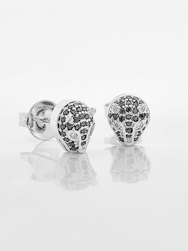 Brinco Masculino Par Tigre Com Pedra Preta Banhado A Ouro Branco BRI097