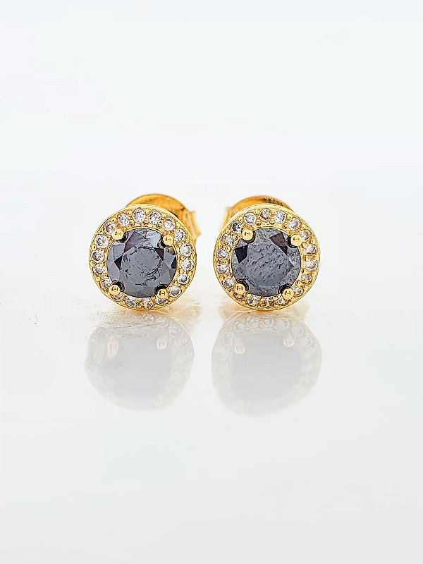 Brinco Masculino Par Redondo Cravejado Fílip 1 Pedra Preta (7mm) Banhado A Ouro 18k BRI074