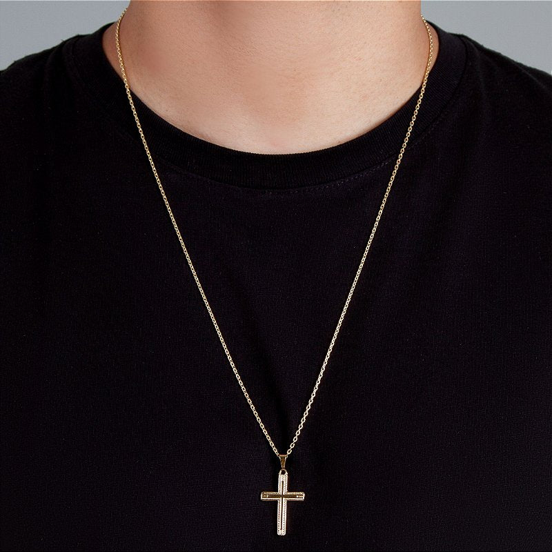Corrente Elo Cadeado 2mm Fecho Tradicional + Pingente Cruz Detalhada Banhado A Ouro 18k COR011-PIN006