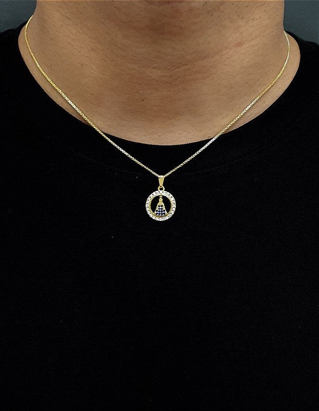 Corrente Veneziana 1mm + Pingente Nossa Senhora Cravejado Redondo Banhado A Ouro 18k COR009-PIN091
