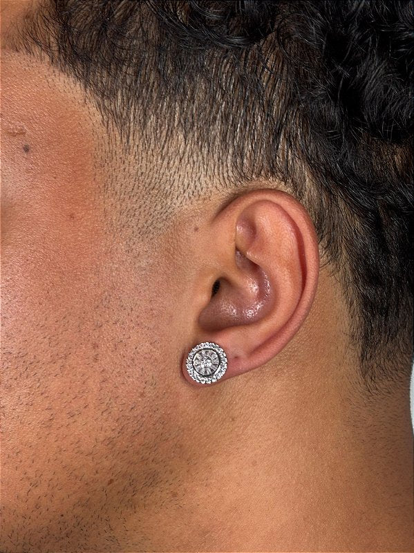 Brinco Masculino Par Redondo Cravejado Pedra Retangular Banhado A Ouro Branco BRI158