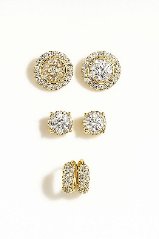 Kit Brincos Pedra Retangular, Imperial e 12 Pedras Banhado A Ouro 18k BRI167-BRI189-BRI010
