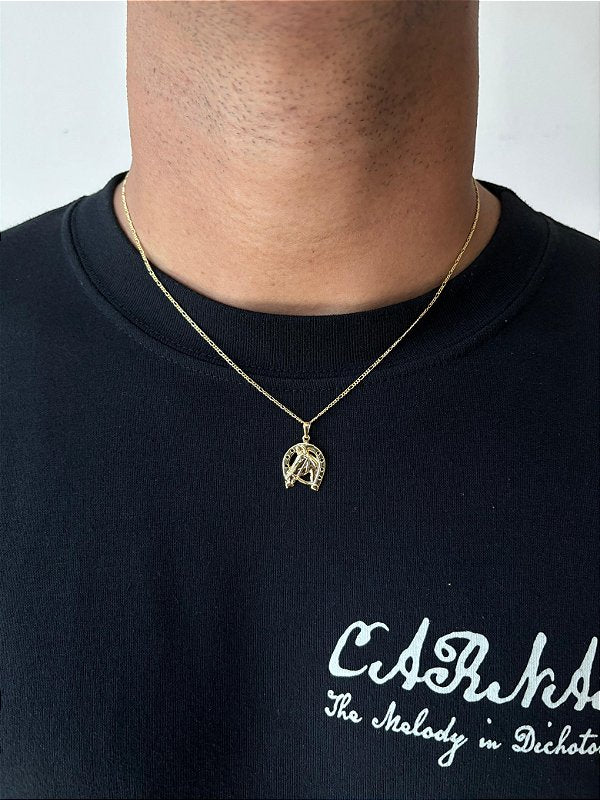 Corrente 3 por 1 - 1,4mm + Pingente Cavalo Ferradura Banhado A Ouro 18k COR057-PIN136