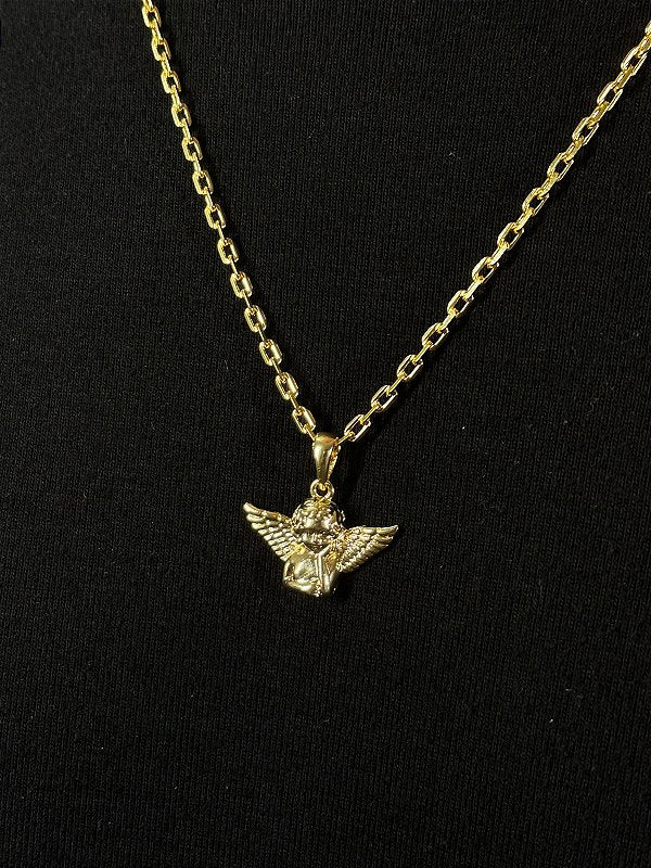 Corrente Elo Cadeado 4mm + Pingente Anjo Banhado A Ouro 18k COR082-PIN141