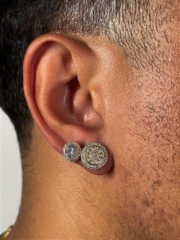 Kit Brinco Masculino Par Redondo Cravejado Pedra Retangular + Brinco Fílip Imperial Banhado A Ouro 18k BRI167-BRI